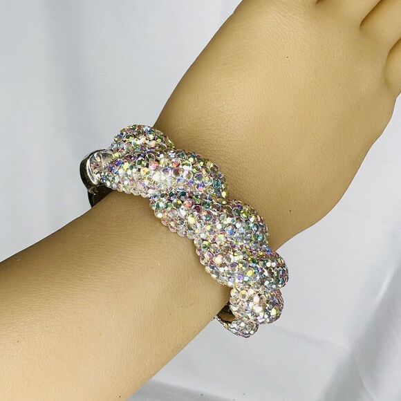 Vintage Aurora Borealis AB Rhinestone Pave Silver Clamper Bracelet Dazzling 4755 - Picture 3 of 14